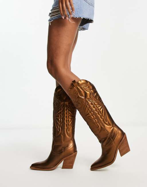 Bronx New Kole western knee boots in metallic bronze leather ASOS