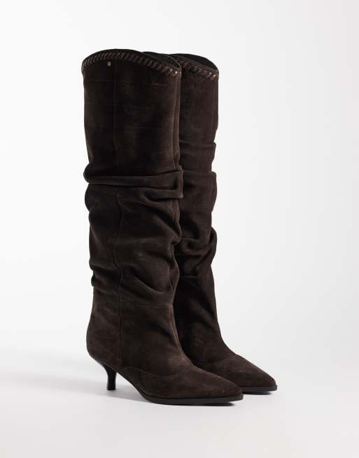 Bronx New Sutton ruched heeled knee boots in brown suede, 2 of 4