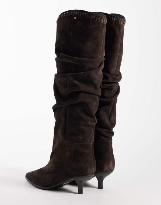 Bronx New Sutton ruched heeled knee boots in brown suede, 4 of 4