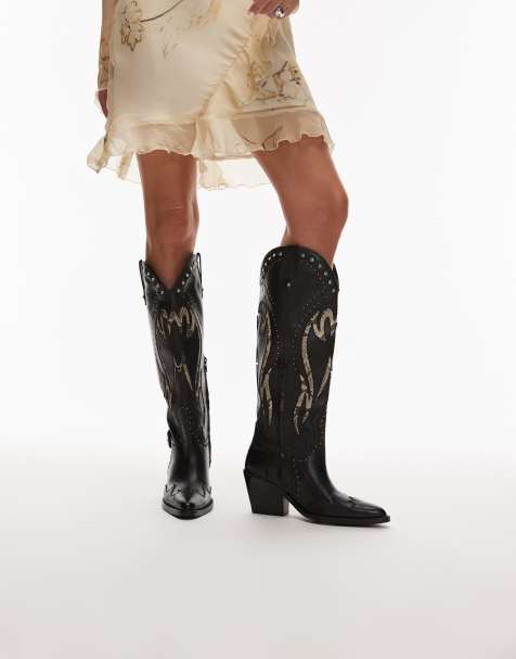 Bronx Next-low-kole buckle western knee boots in black and snake leather - view 1