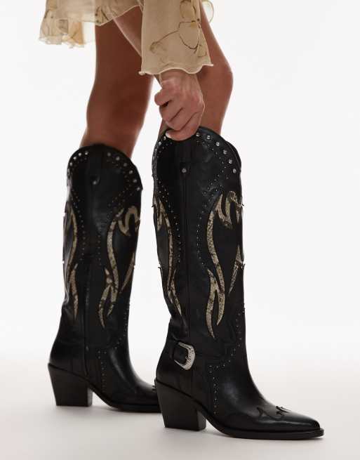 Bronx Next-low-kole buckle western knee boots in black and snake leather, 2 of 4