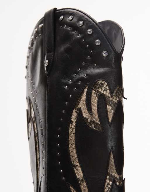 Bronx Next-low-kole buckle western knee boots in black and snake leather, 3 of 4