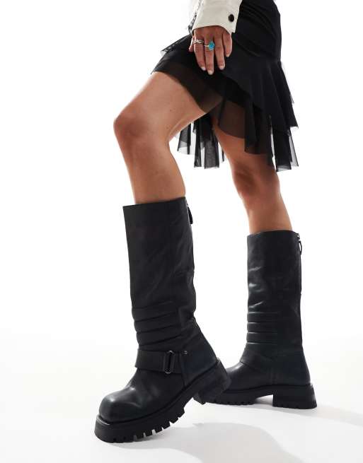 Bronx - Quinn - Bottes style motard hauteur genou en cuir brossé - Noir