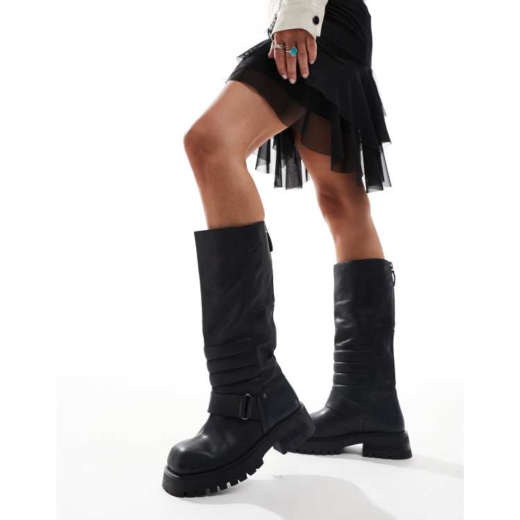 Bronx Quinn Kniehohe Biker Stiefel aus geburstetem Leder in Schwarz ASOS