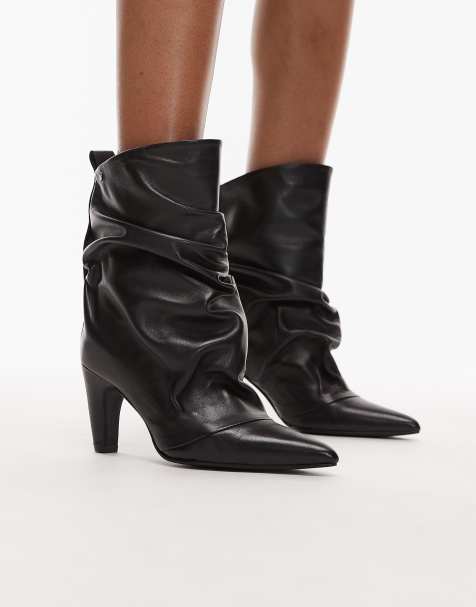 Bronx ruched detail mid ankle boots in leather black - view 1