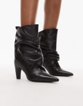 [Bronx] Bronx ruched detail mid ankle boots in leather black 40 BLACK