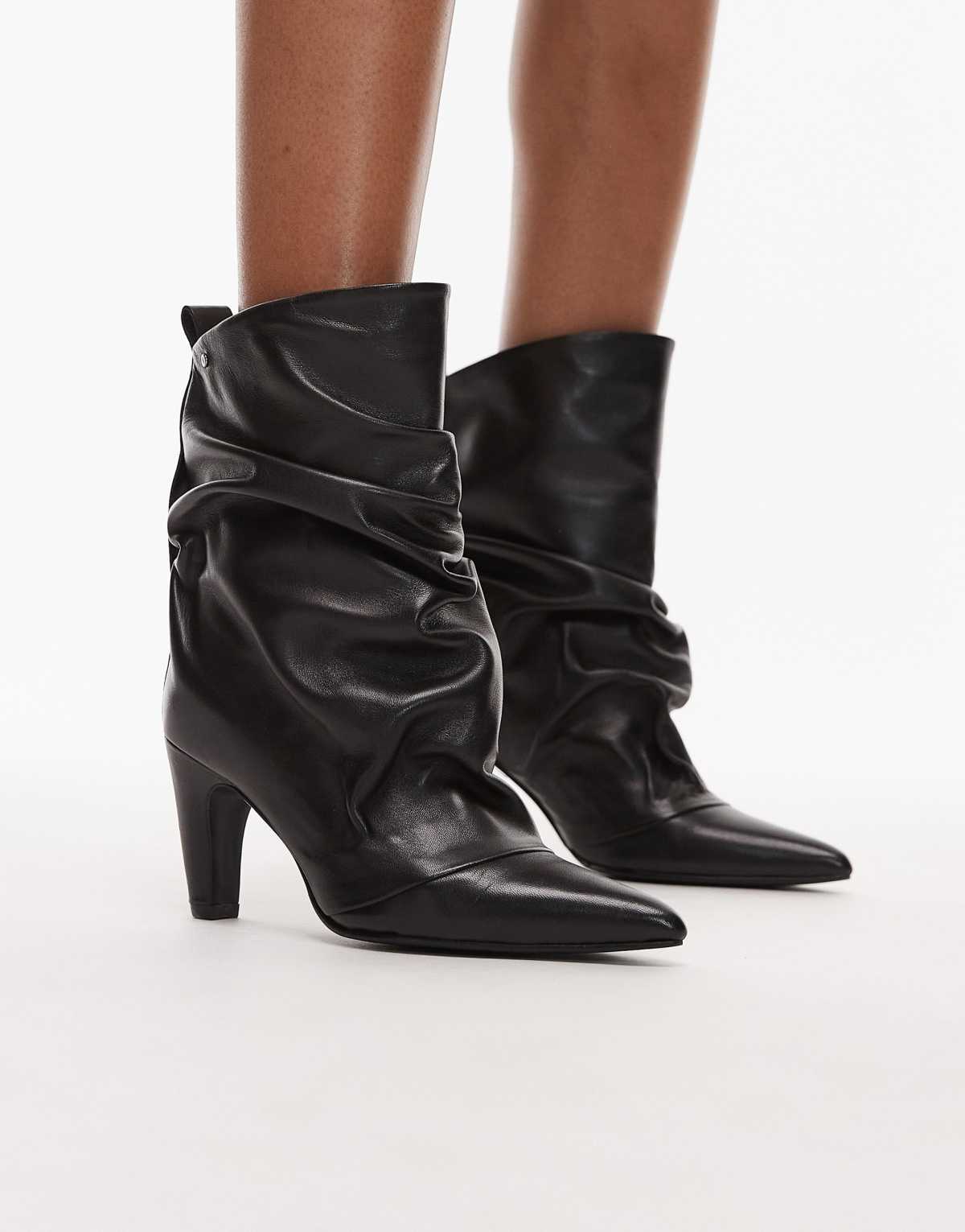 Bronx ruched detail mid ankle boots in leather black