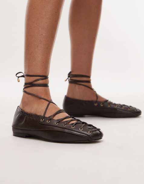 Bronx Ser-ajaa lace-up detail ballet flats in leather coffee - view 1