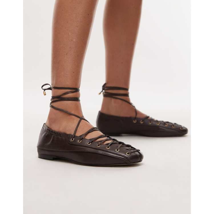 Bronx Ser-ajaa lace-up detail ballet flats in leather coffee | ASOS