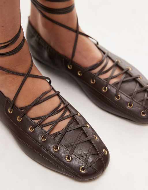 Bronx Ser-ajaa lace-up detail ballet flats in leather coffee
