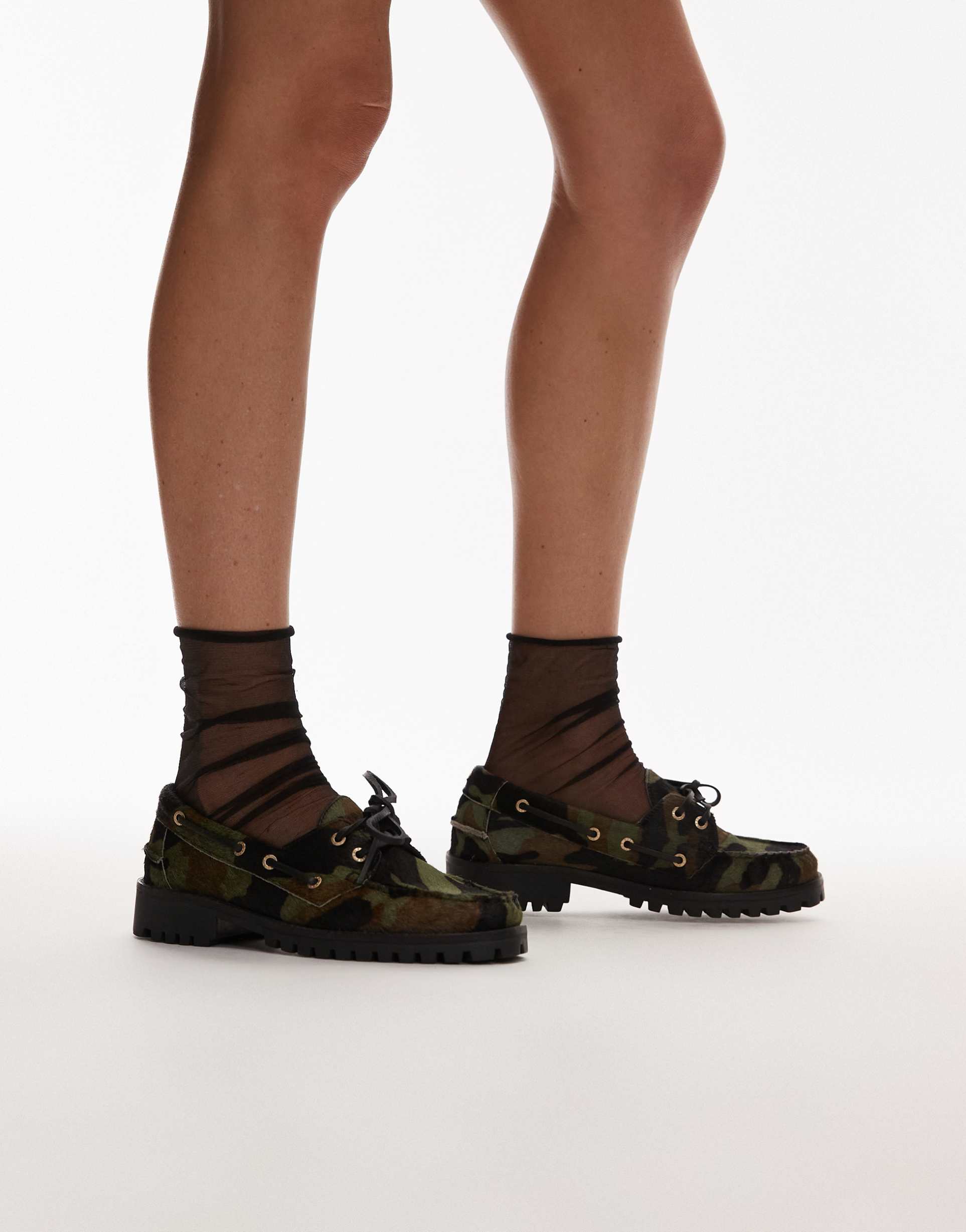bronx sie-nna boat shoes in khaki camo pony hair leather