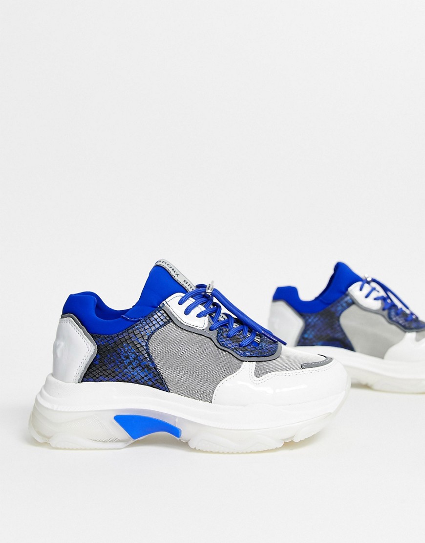 Bronx - Sneakers di pelle con suola spessa blu e pitonato-Multicolore