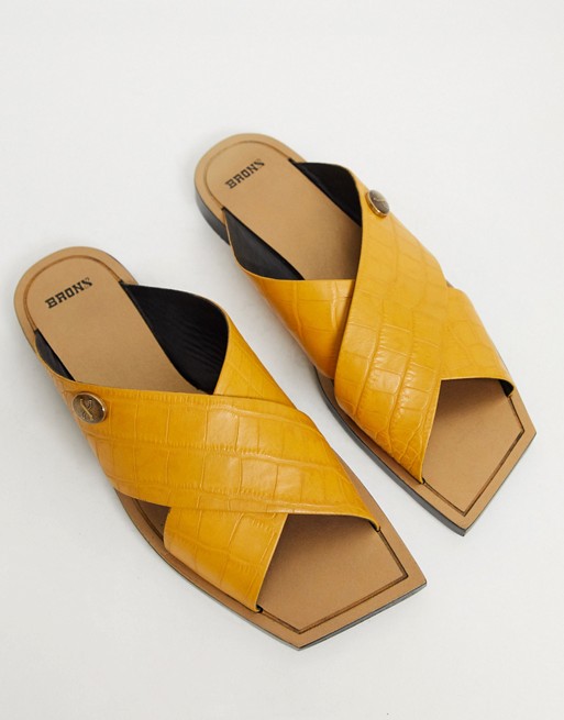 BRONX square toe slip on mules in mustard suede