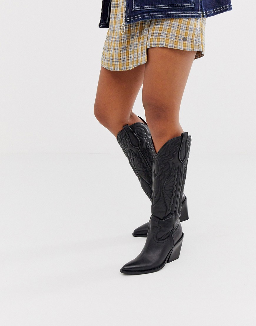 Bronx - Stivali al ginocchio stile western in pelle nera con tacco-Nero