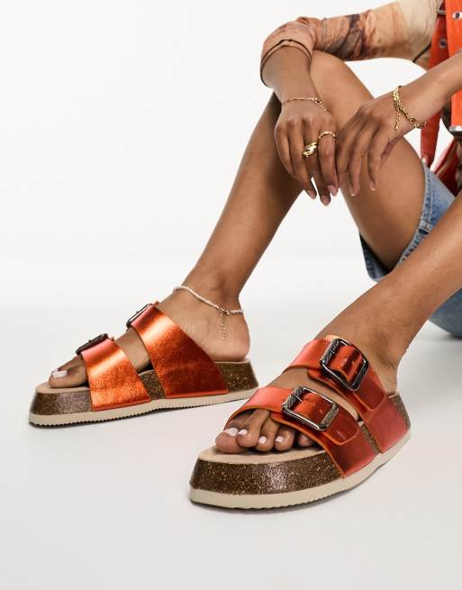 Bronx Veran o double strap leather sandal in metallic orange