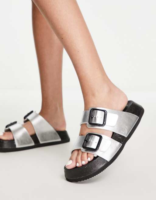 Bronx Veran-o double strap leather sandal in metallic silver 