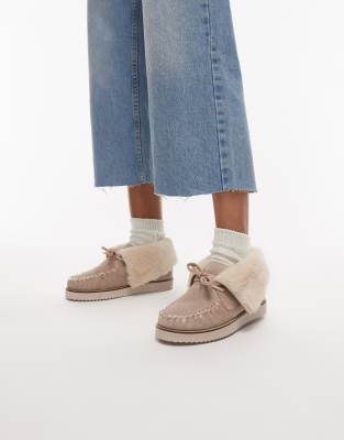 Bronx - Wildleder-Loafer in Hellbeige zum Schnüren mit flauschigem Detail-Schwarz