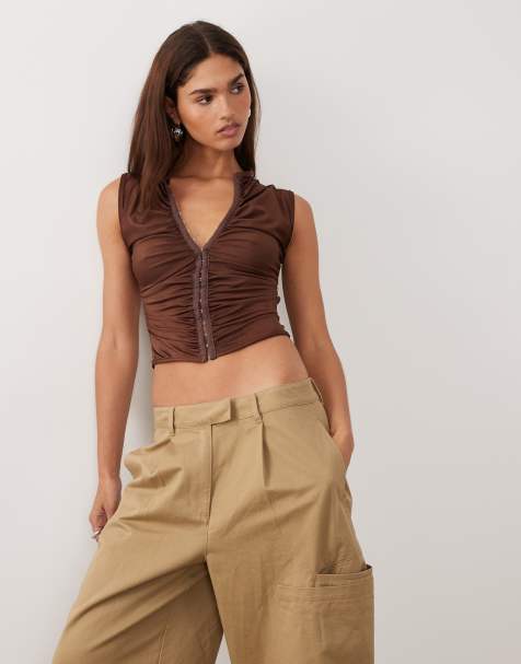 Bronze Snake - Alyce - Top a maniche corte marrone cioccolato arricciato - view 1