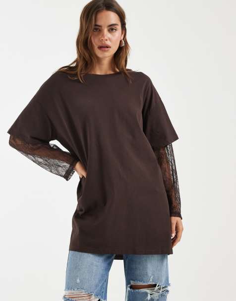 Bronze Snake - Amanda - Mørk chokoladebrun T-shirt med blondeærmer - view 1