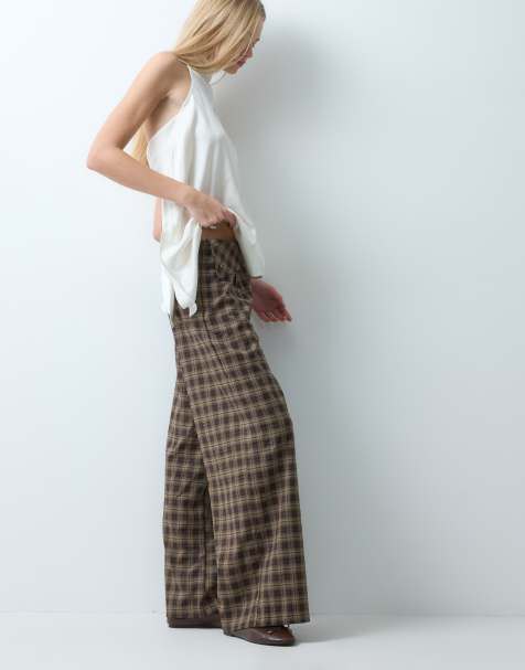 Bronze Snake baggy pants with turnover waistband in brown check - view 1