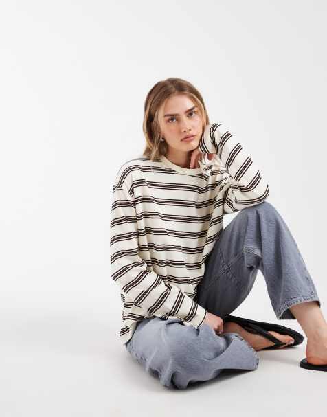Bronze – Snake – Beige t-shirt i oversized fit med långa ärmar och dubbla ränder - view 1