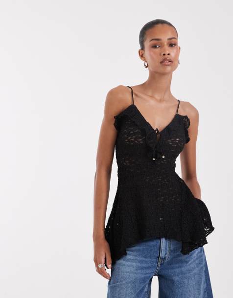 Bronze Snake boho lace asymmetric hem  cami top in black - view 1
