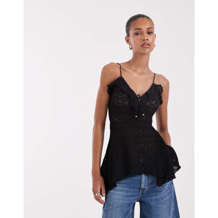 ワンピース JOSEMOON ASYMMETRY LACE CAMISOLE Bronze Snake boho lace asymmetric hem cami top in black | ASOS