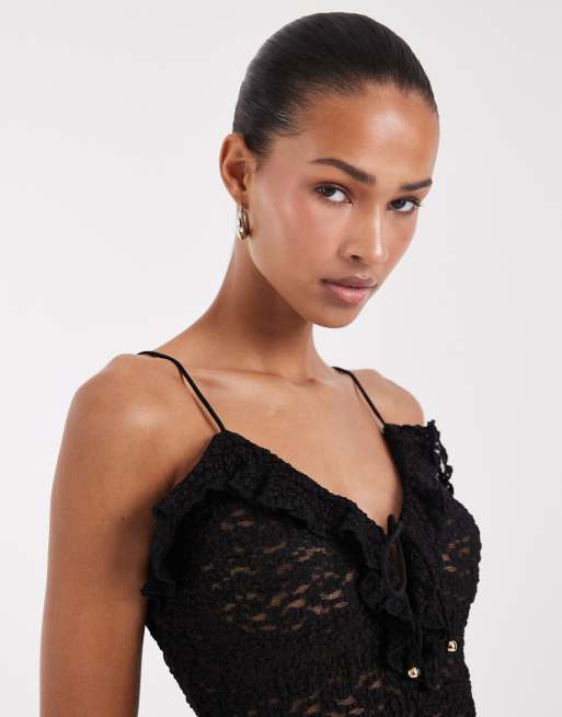 Bronze Snake boho lace asymmetric hem  cami top in black, 3 of 4