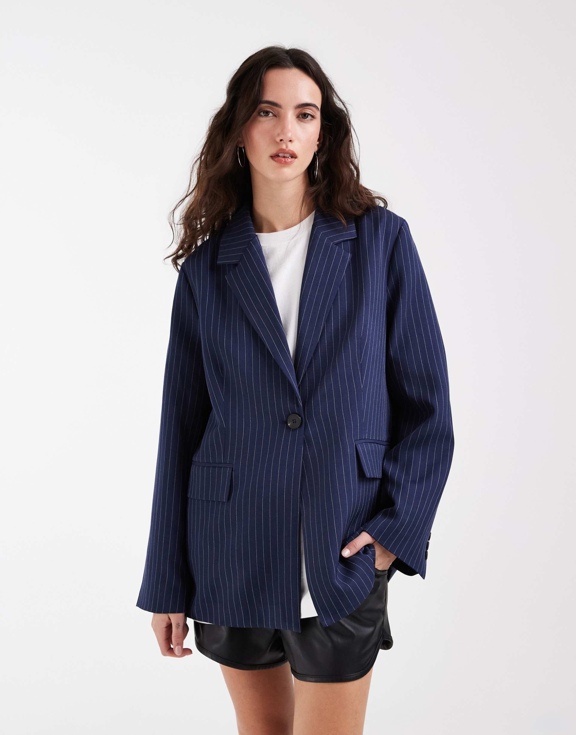 bronze snake brooks blazer in navy pinstripe