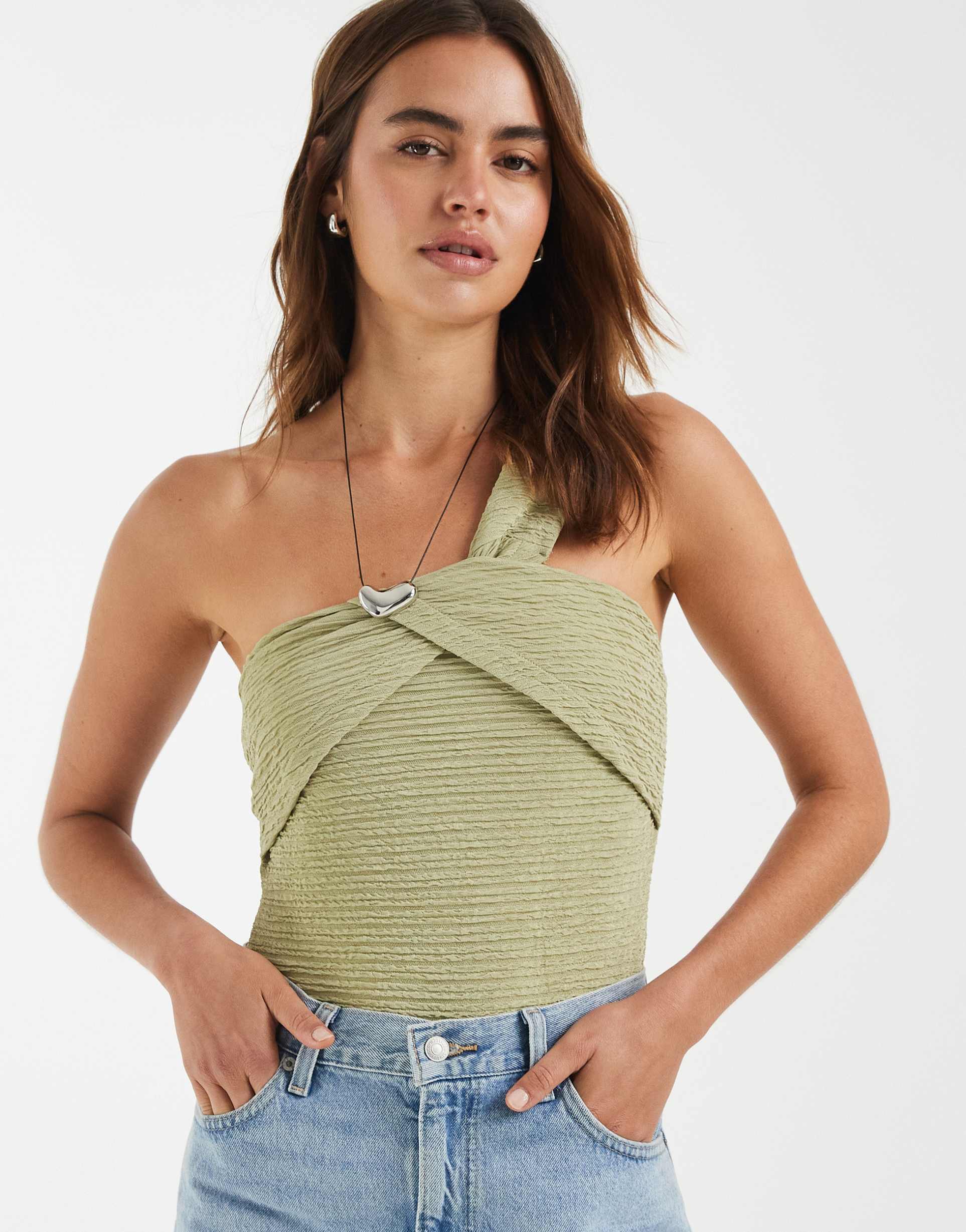 bronze snake chantal one shoulder bodysuit in matcha green