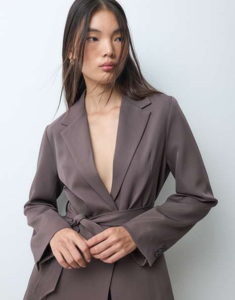 Bronze Snake cinched waist blazer with tie in brown
