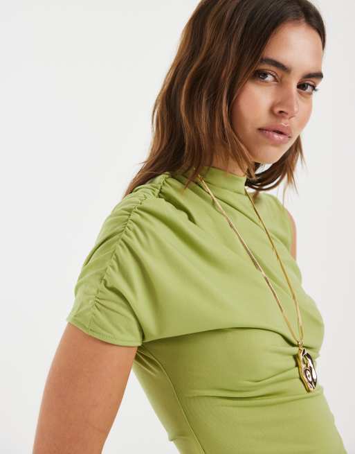 Bronze Snake Danielle asymmetric high neck top in matcha green, 3 of 4