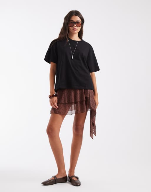 Bronze Snake - Gelaagde mini rok met ruches en stippen in chocoladebruin, 2 van 5