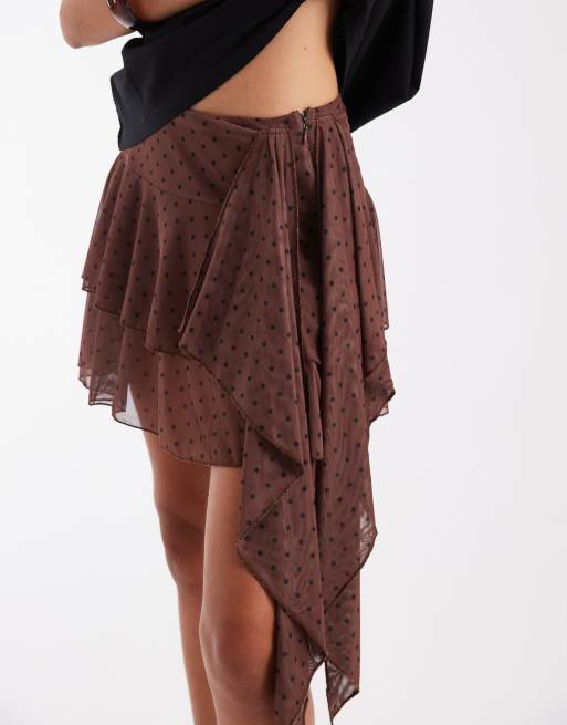 Bronze Snake - Gelaagde mini rok met ruches en stippen in chocoladebruin, 3 van 5