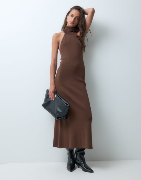 Bronze Snake halterneck high neck maxi knit dress in brown