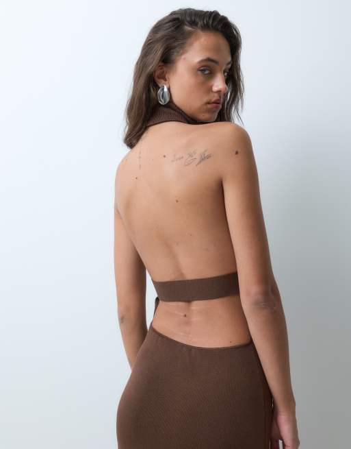 Bronze Snake halterneck high neck maxi knit dress in brown, 2 of 5