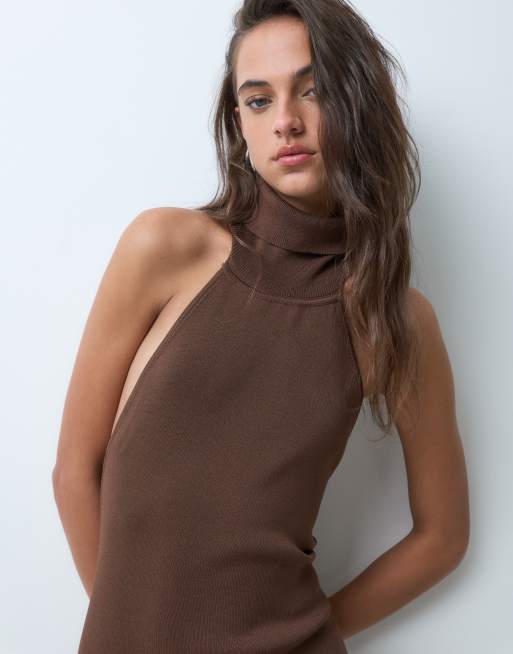 Bronze Snake halterneck high neck maxi knit dress in brown, 3 of 5