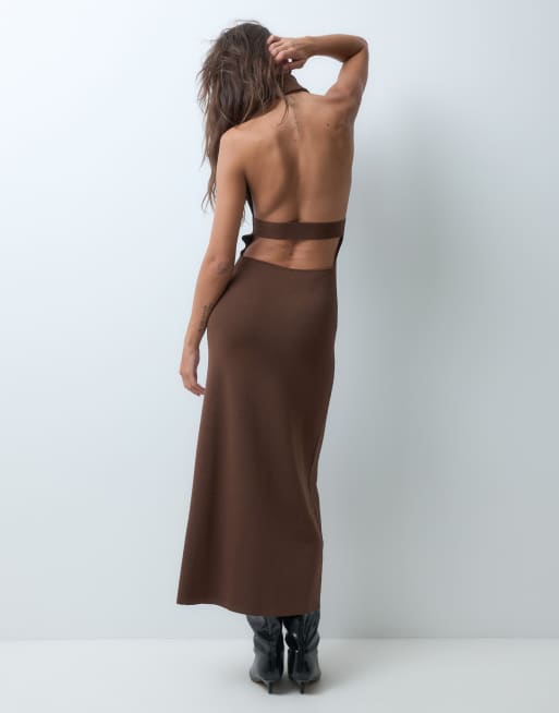 Bronze Snake halterneck high neck maxi knit dress in brown, 4 of 5