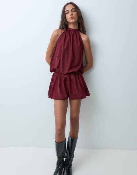 Bronze Snake halterneck mini dress witth bubble hem in berry - view 1