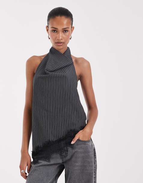 Bronze Snake halterneck top with lace in black pinstripe - view 1