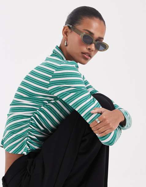 Bronze Snake high neck long sleeve top in green stripe - view 1
