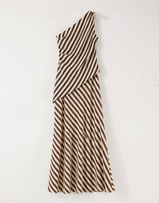 Bronze Snake - Inessa - Brunt sæt med asymmetrisk offshoulder-top og maxinederdel med striber, 5 af 11
