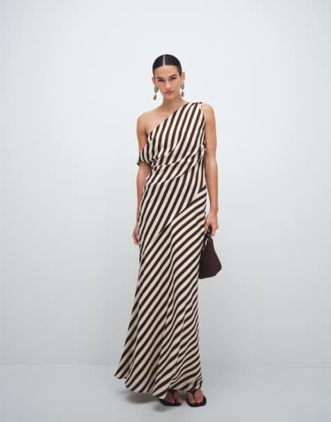 Bronze Snake Inessa striped off shoulder aysmetrical top and maxi skirt set in tiramisu brown
