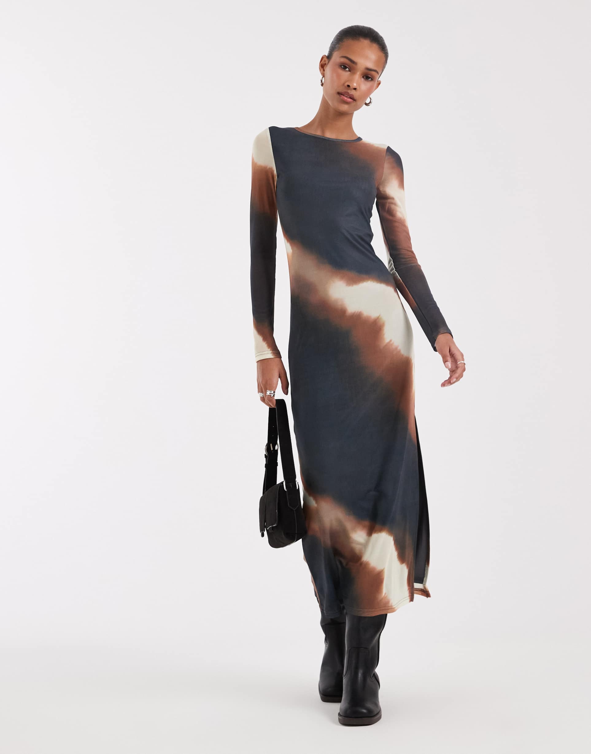 bronze snake long sleeve maxi dress in ombre mesh