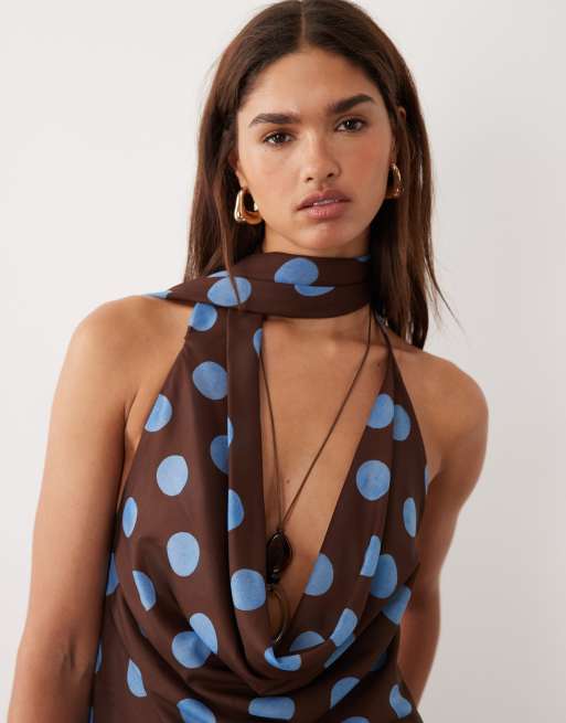 BRONZE SNAKE - Lottie - Completo con top e gonna con scollo ad anello e foulard blu cioccolato a pois , 4 di 4