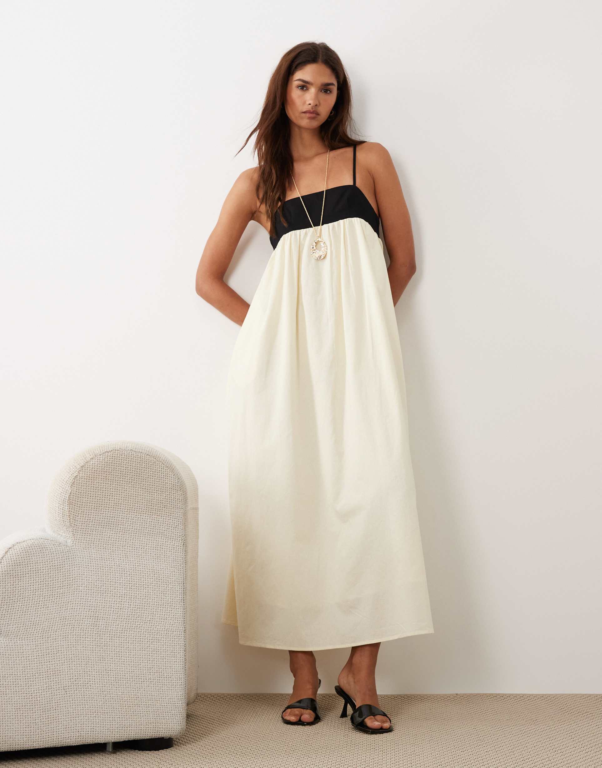 bronze snake marianne contrast straps maxi smock dress in black