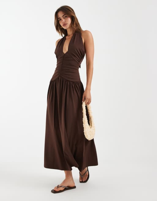 Bronze Snake - Marley - Robe longueur mollet à taille froncée et détail noué - Marron chocolat, 2 de 4