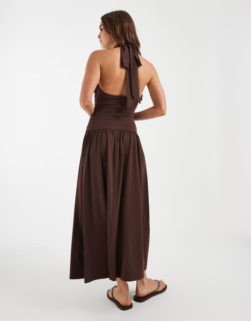 Bronze Snake - Marley - Robe longueur mollet à taille froncée et détail noué - Marron chocolat, 4 de 4