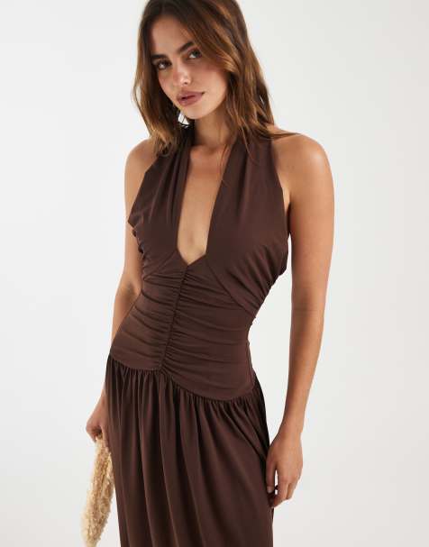 Bronze Snake - Marley - Vestido semilargo marrón chocolate con cintura fruncida y detalle de lazada - view 1