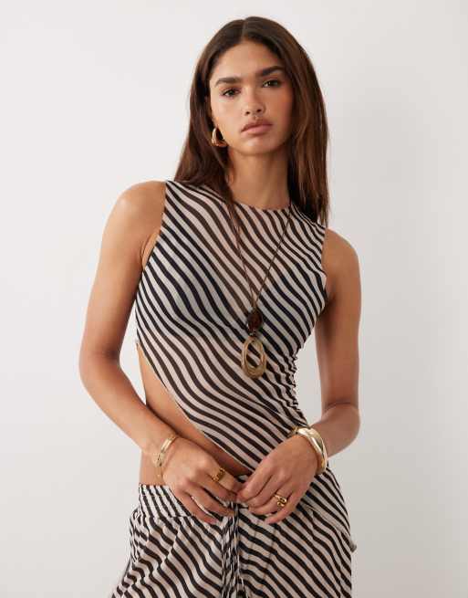 Bronze Snake - Mia - Ensemble transparent à rayures avec top asymétrique et pantalon - Marron , 2 de 4